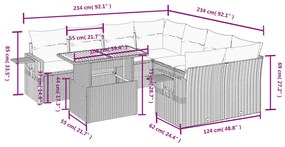 9 pcs conjunto de sofás p/ jardim com almofadões vime PE bege