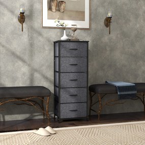 Cómoda com 5 gavetas 45 x 30 x 116 cm, móvel de arrumação com gavetas em tecido dobrável – estrutura em aço preto cinzento escuro
