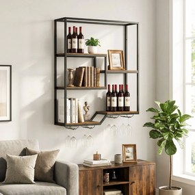 Garrafeira de parede para vinhos 102 x 30 x 112 cm com 6 prateleiras e suporte para copos Castanho rústico