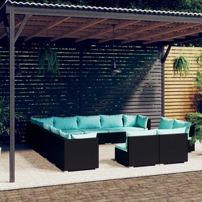 vidaXL 13 pcs conjunto lounge de jardim c/ almofadões vime PE preto