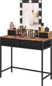 Toucador com espelho LED ajustável integrado 90 x 40 x 148 cm base em metal preto - 4 gavetas forradas a tecido castanho rústico