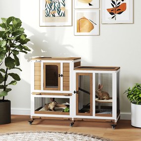 Coelheira de Madeira Interior Gaiola para Coelhos de 2 Níveis com Rodas 2 Rampas 3 Bandejas Amovíveis 110x50x86 cm Castanho