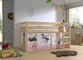Cama alta de Criança PINO 90 x 200 cm + estrado + escada + cortina Princesa Natural