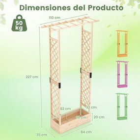 Floreira de jardim 110 x 35 x 227 cm elevada em madeira com treliça, teto suspenso, orifícios de drenagem, abeto, para plantas trepadeiras, natural
