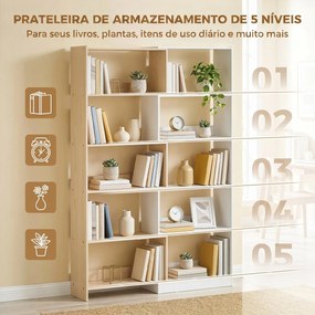 Estante Expansível 5 Níveis Estante para Livros Giratória 350° Largura Ajustável Convertível em L Reta ou Compacta 111,5x23,8x163,7 cm Madeira e Branc