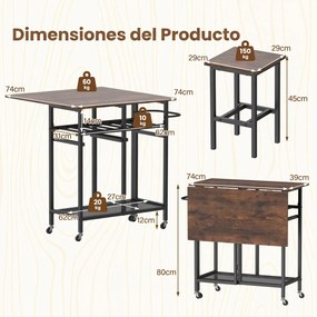 Conjunto de mesa de jantar alta de 3 peças com 2 bancos, suporte para 6 garrafas, estantes e pega lateral, mesa dobrável para cozinha, castanha