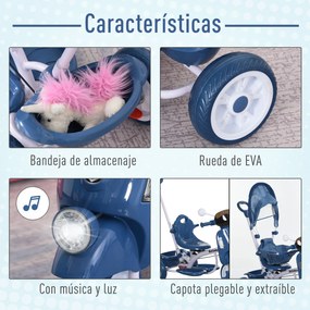 HOMCOM Triciclo evolutivo infantil Carrinho de criança Com função de luz e música Barra de segurança e toldo retrátil Assento giratório 360 ° 93x51x94 cm Azul