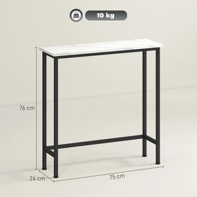 Mesa Consola Moderna Consola Estreita com Superfície com Efeito Mármore e Estrutura de Metal 75x24x76 cm Branco e Preto