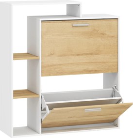 HOMCOM Móvel Porta-Sapatos com 2 gavetas basculantes e prateleiras, Branco e Madeira Natural. | Aosom Portugal