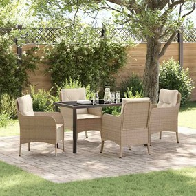 vidaXL Conjunto de Jantar de Jardim 5 Peças com Almofadas Bege Rattan Poliéster