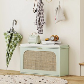 Sapateira 80 x 26 x 47,5 cm, banco com arrumação, assento almofadado, gaveta rebatível, porta em rattan, verde