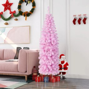 Árvore de Natal em formato de lápis articulado de 180 cm branco fresco luzes LED suporte de metal rosa