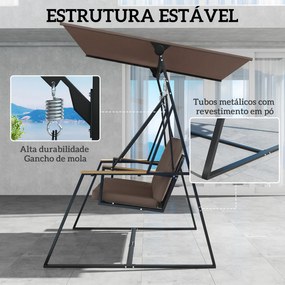 Baloiço de Jardim de 3 Lugares com Teto Ajustável UPF50+ 2 Bandejas Almofadas e Estrutura em Metal 222x131x175 cm Castanho