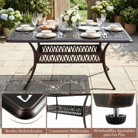 Mesa de jardim de exterior retangular 151 x 91 x 73 cm em alumínio fundido com orifício para guarda-sol de 5 cm, estilo vintage