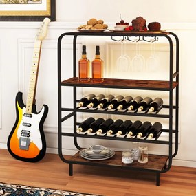 Garrafeira com capacidade para 16 garrafas 90 x 35 x 117 cm, 5 níveis e suportes para copos; Estrutura metálica industrial; prateleira de arrumação em