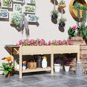 Floreira com pés, floreira, para horta, com 2 compartimentos, prateleira inferior, 207 x 59 x 78 cm, madeira natural