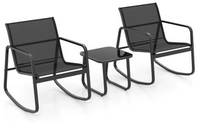 Conjunto jardim bistrô com 2 cadeiras de baloiço mesa com tampo de vidro para jardim exterior e varanda Preto