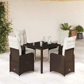vidaXL 5 pcs conjunto bistrô p/ jardim c/ almofadões vime PE castanho
