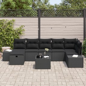 Conjunto de Sofá de Jardim de 8 Peças com Almofadas Pretas de Rattan S