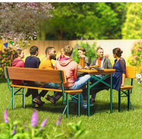 Conjunto de mesa e bancos 3 peças esplanada, jardim, tendas, cervejaria, dobráveis, com encosto Castanho