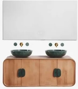 Conjunto De Móvel De Casa De Banho Dupla Suspensa 130x45 Cm Em Madeira De Manga E Pedra Natural Kivalina Retangular Led E Anti-embaciamento 140x75 Cm