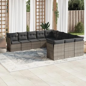 11 pcs conjunto sofás de jardim c/ almofadões vime PE cinzento
