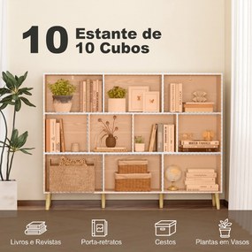 Estante para Livros com 10 Compartimentos e Pés em Madeira Maciça, 140x24x107 cm, Branco
