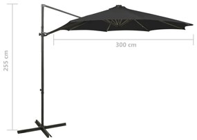 Guarda-sol jardim cantilever c/ poste e luzes LED 300 cm preto