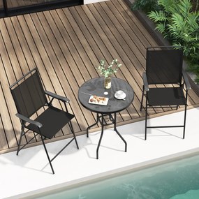 Conjunto de móveis jardim 3 peças 2 bancos de bar dobráveis com guarda-sol, mesa de orifício e escabelo para pátio exterior preto