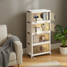 Caixas com tampa Organizador com rodas, 4 níveis, 31 x 55 x 111 cm Branco-castanho transparente