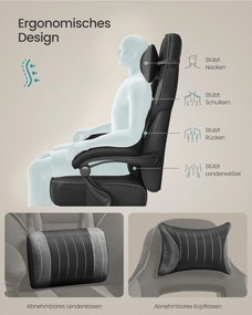 Cadeira gaming com apoio para os pés, apoio para a cabeça e almofada lombar, preto e cinza-ardósia