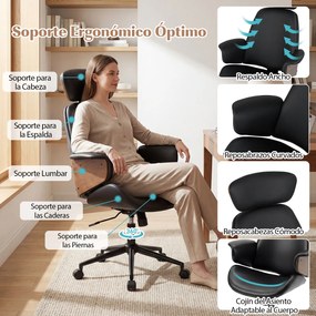 Cadeira de escritório ergonómica com encosto inclinável a 122°, braços, apoio lombar, rodas e altura ajustável - Preto