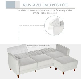 Sofá Cama com Chaise Longue de 3 Lugares Tato Aveludado com Encosto Ajustável e Apoio para os Pés Móvel 218x85x86cm Cinza Claro