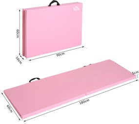 Tapete de Ginástica para Yoga e Pilates, 180 x 60 x 5 cm, Dobrável com Pegas, Rosa