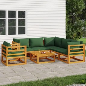 vidaXL 7 pcs conj. lounge jardim madeira c/almofadões verdes