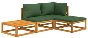 4 pcs conj. lounge jardim madeira c/almofadões verdes