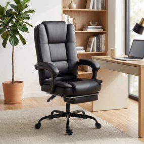 Cadeira de escritório ergonómica, cadeira de escritório reclinável em PU com apoio para os pés retrátil, altura ajustável, preta