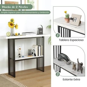 Mesa de 2 níveis com prateleira aberta, estrutura em aço dourado para sala de estar ou corredor, 120 x 29,5 x 92,5 cm, preto e branco