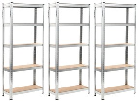 Prateleiras de arrumação 3 pcs prateado 75x30x172 cm aço e MDF