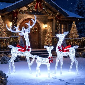Conjunto de 3 Renos de Natal Iluminados, 215 Luzes LED Resistentes às Intempéries, Branco