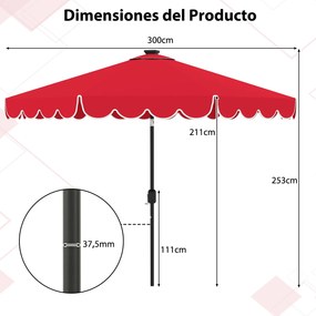 Guarda-sol de pátio de 300 cm com 24 luzes LED, parte superior ventilada, folhos e ajuste de inclinação, Vermelho