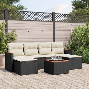 7 pcs conjunto de sofás p/ jardim c/ almofadões vime PE preto