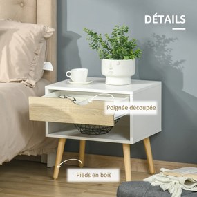 Mesa de Cabeceira, 50 x 39 x 51 cm, Design Escandinavo, Branco e cor Madeira Natural