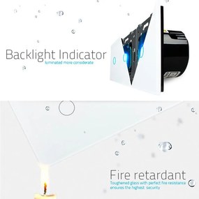 Comutador / interruptor 3 módulos 3 botões tátil + função controlo remoto, Painel frente preto vidro temperado