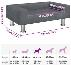 Cama para cães 70x45x26,5 cm veludo cinzento-escuro