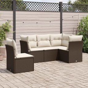 5 pcs conjunto sofás p/ jardim c/ almofadões vime PE castanho