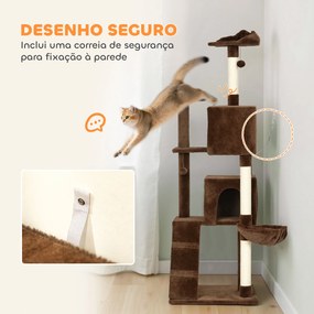 Arranhador para Gatos com Múltiplas Plataformas Cama 2 Cavernas Rede Escada Postes de Sisal 56x56x180 cm Castanho