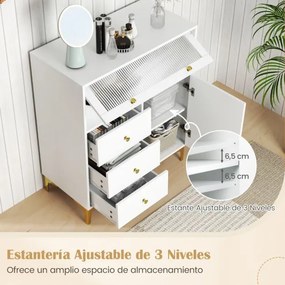 Cómoda de quarto moderna 80 x 40 x 95,5 cm com porta de vidro canelado rebatível e gavetas extraíveis Pernas metálicas branca