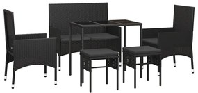 6 pcs conjunto lounge de jardim c/ almofadões vime PE preto