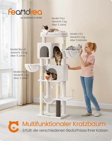 Arranhador para gatos com 175 cm de altura, 2 cavernas e 2 cavidades para descansar, branco creme